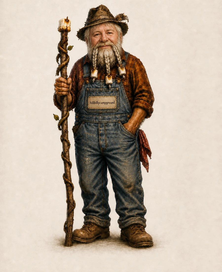 Billy, a kind-eyed, gray-bearded woodsman in a weathered hat and overalls, holding a rustic walking staff topped with a toasted marshmallow.