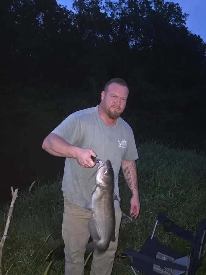 A camper standing on a grassy bank at dusk and holding a large catfish vertically with a fish gripper.